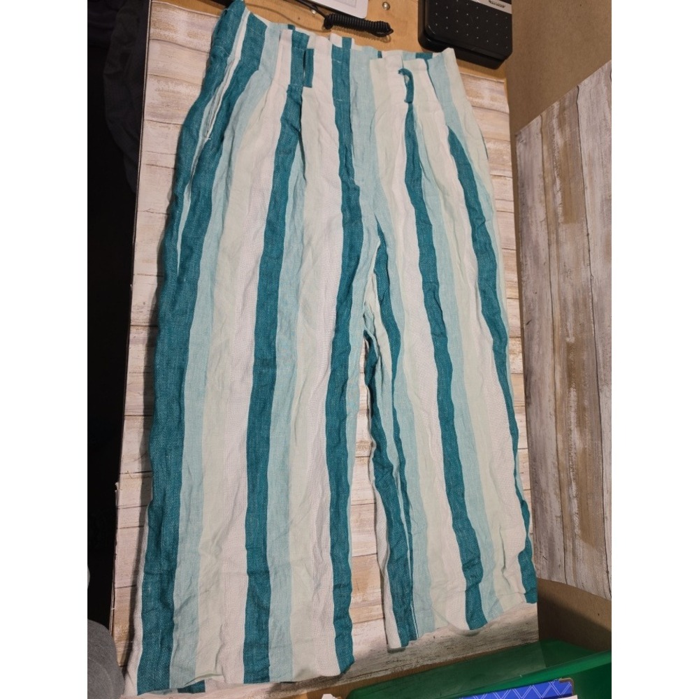 J.Crew Womens Teal Striped 100% Lined Linen Wide Leg High Rise Pants Size 8 READ